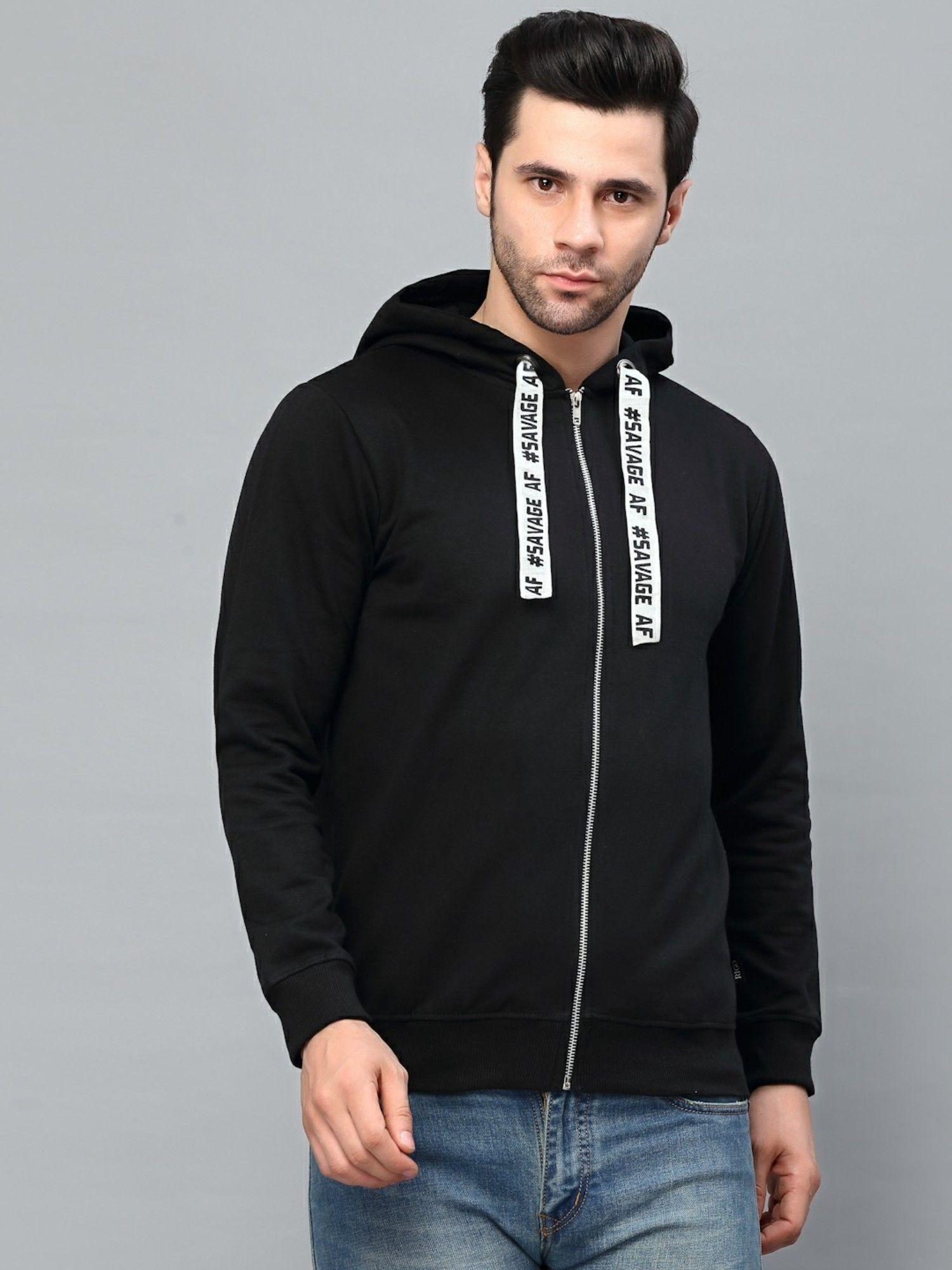 men black printed string fleece jacket