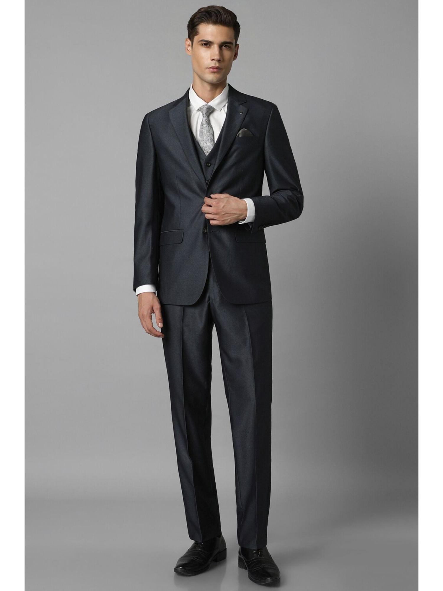 men black regular fit textured formal three piece suit (set of 3)