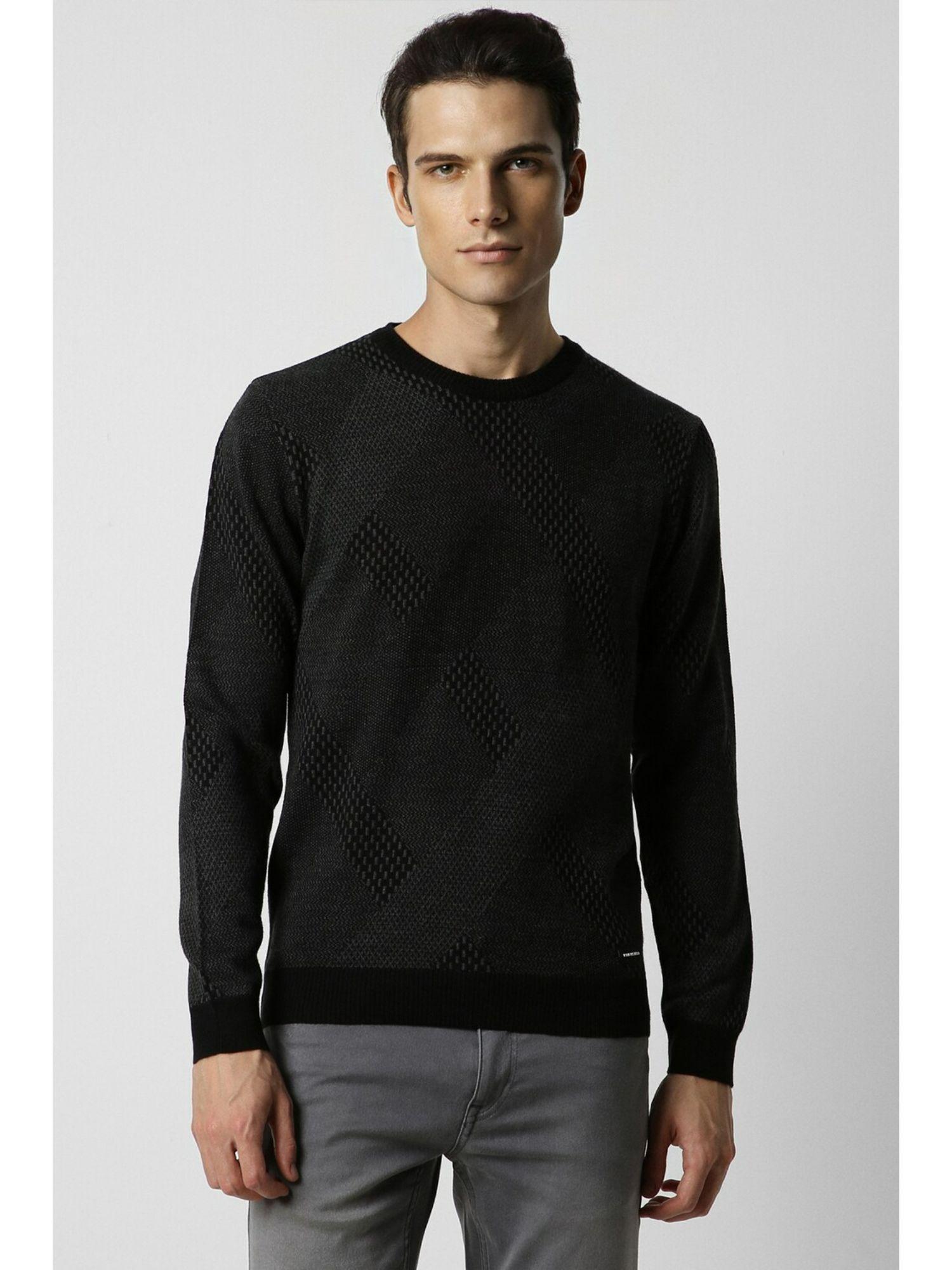 men black self design crew neck sweater