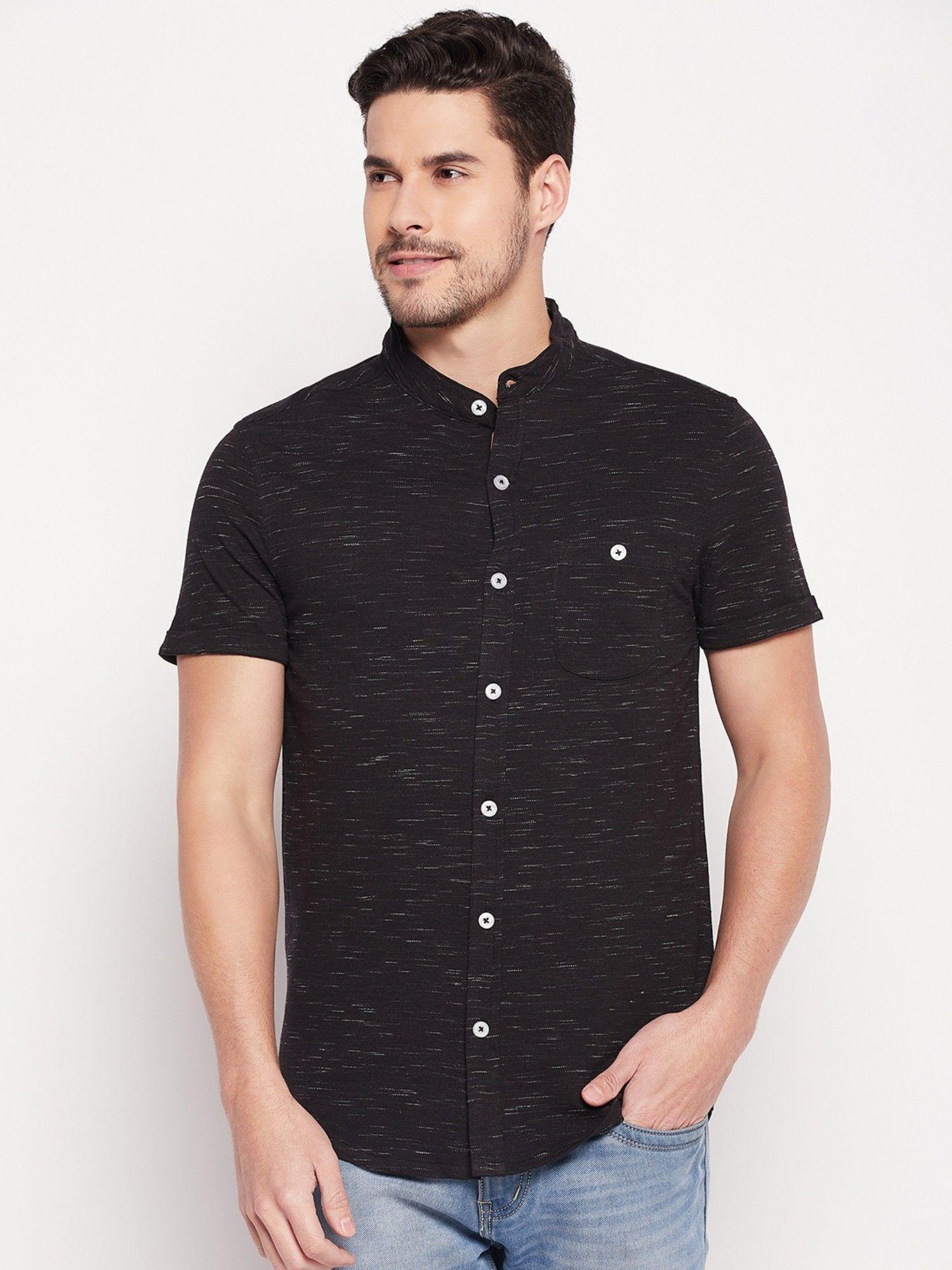 men black self design mandarin neck shirt