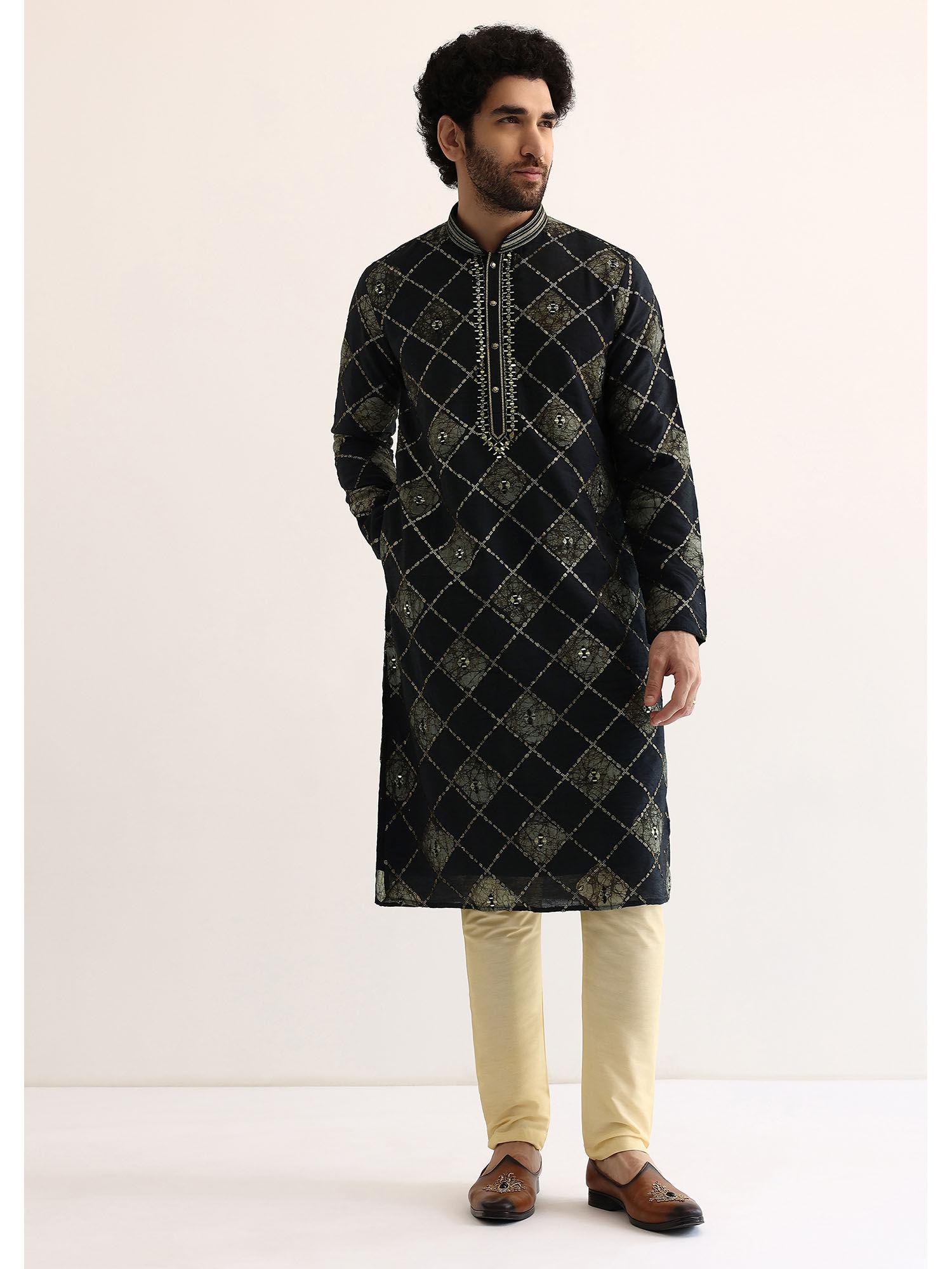 men black silk embellished kurta with pyjama (set of 2)