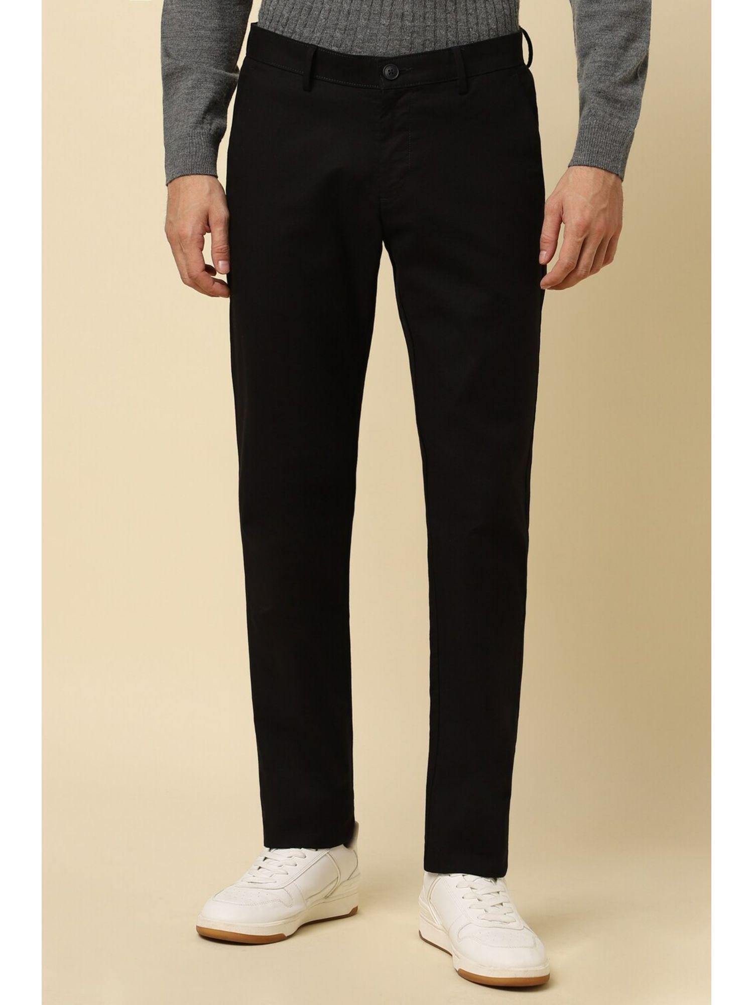 men black slim fit solid casual trousers