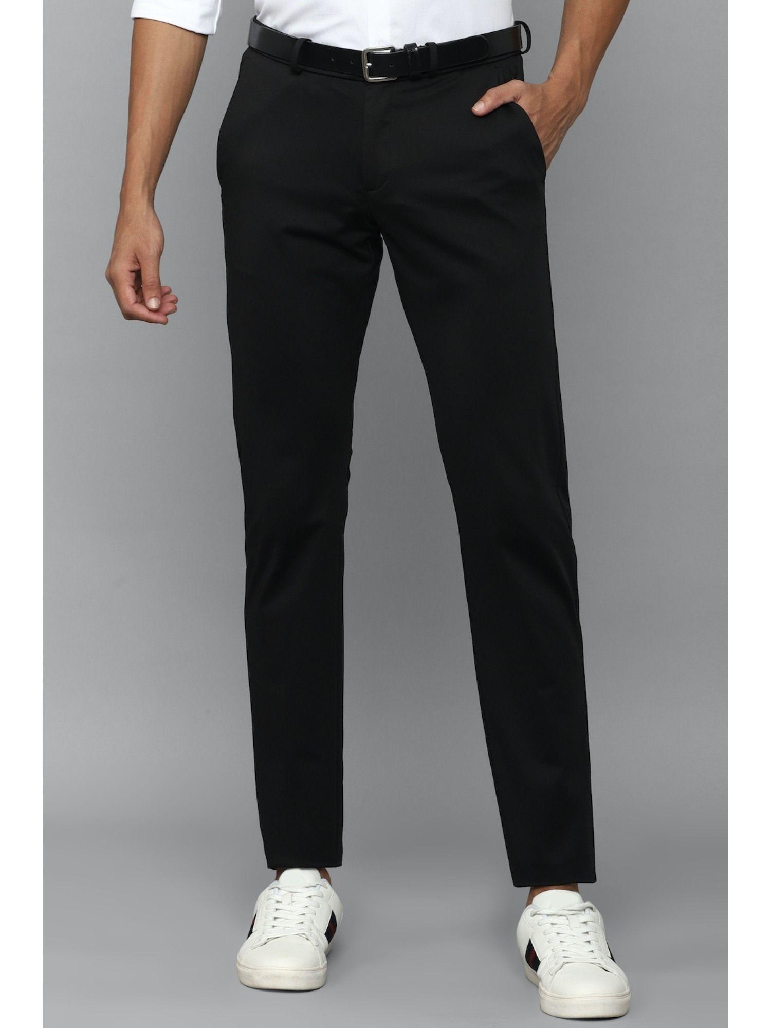 men black slim fit solid casual trousers