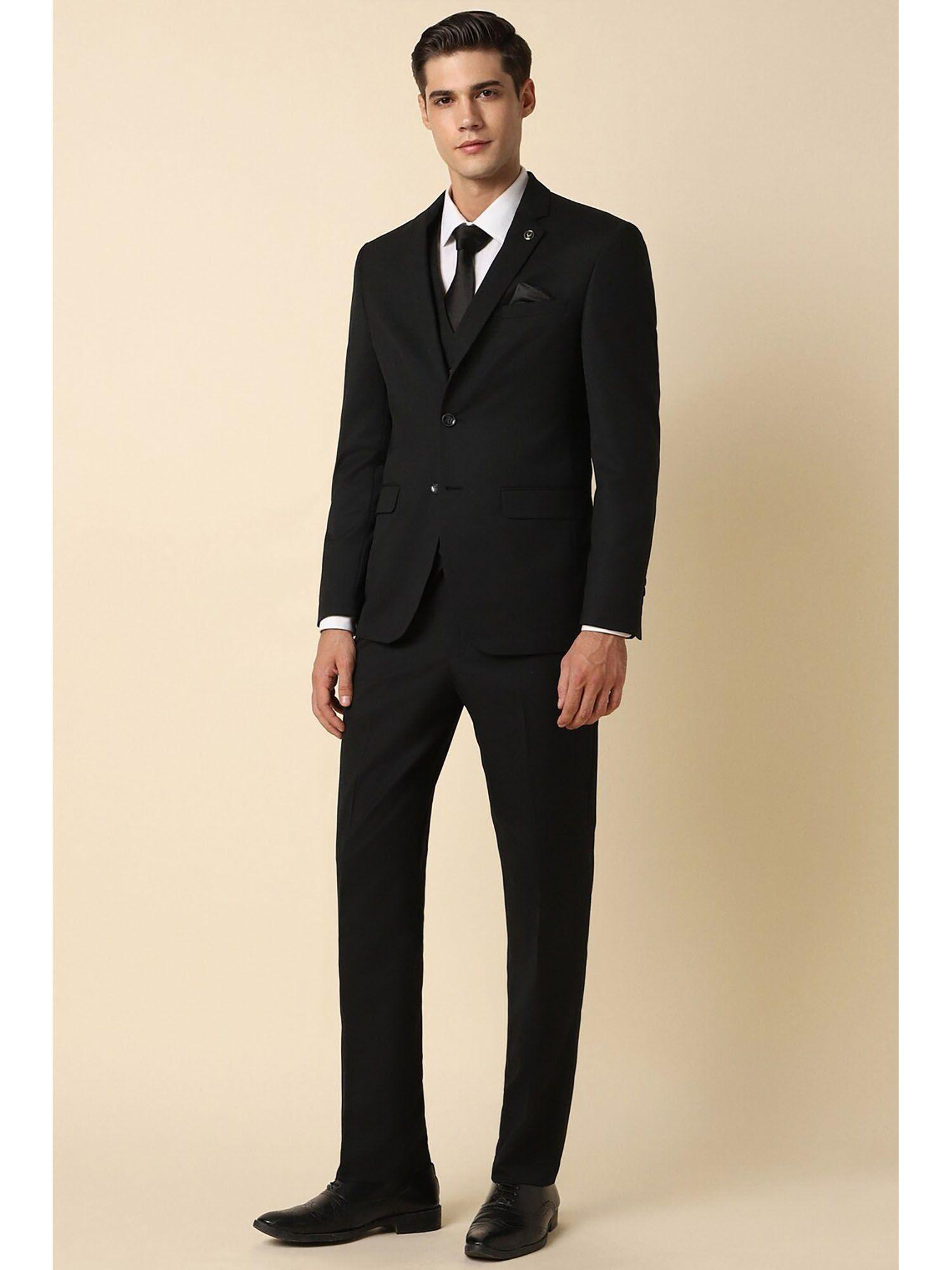 men black slim fit solid formal suit (set of 3)