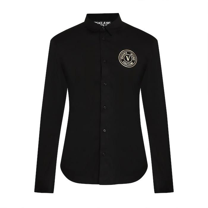 men black solid chest gold emblem shirt