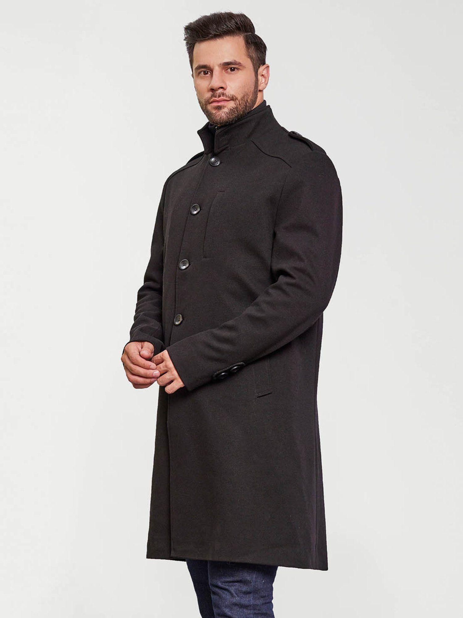 men black solid collar winter overcoat