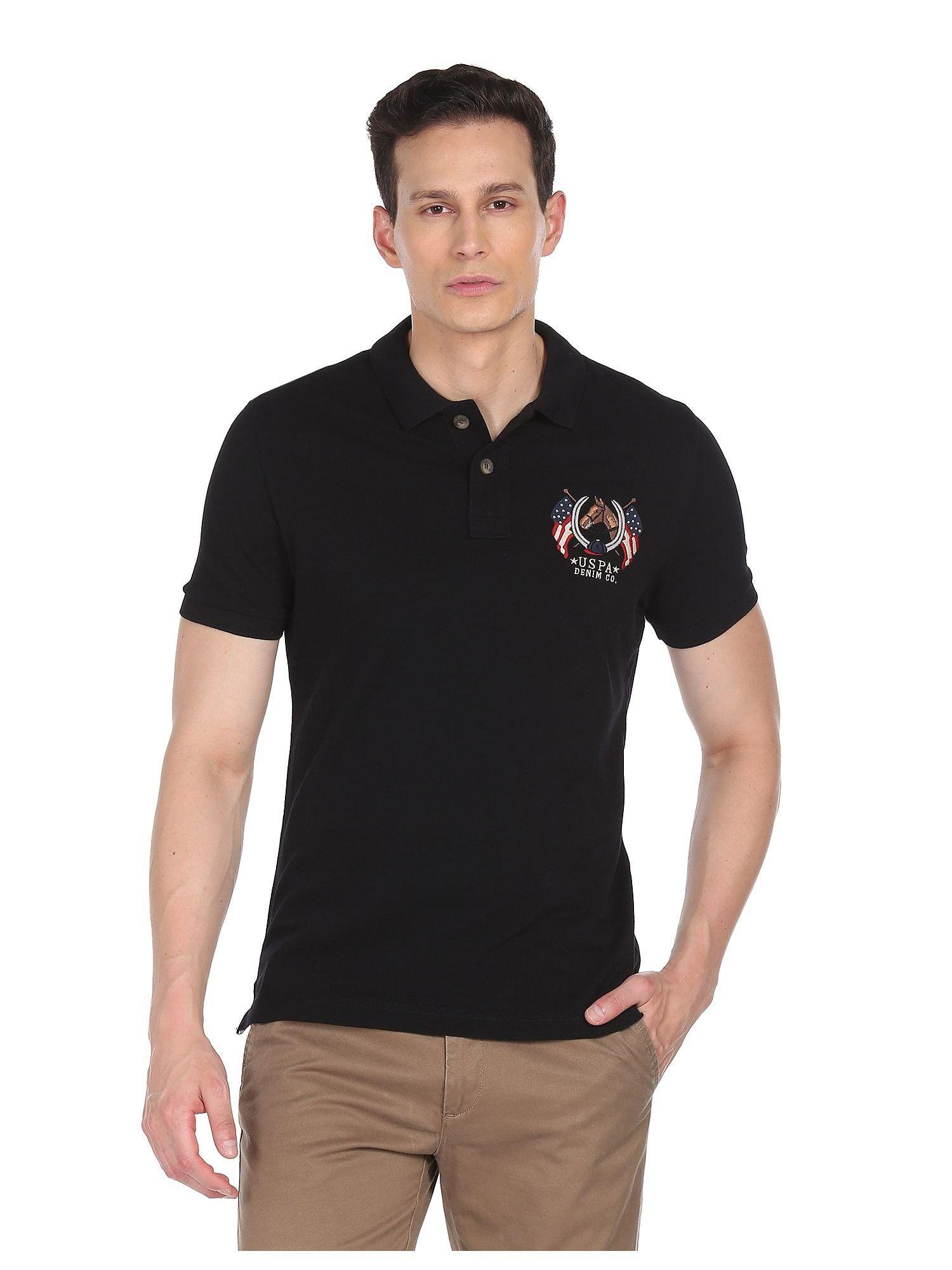 men black solid cotton polo t-shirt