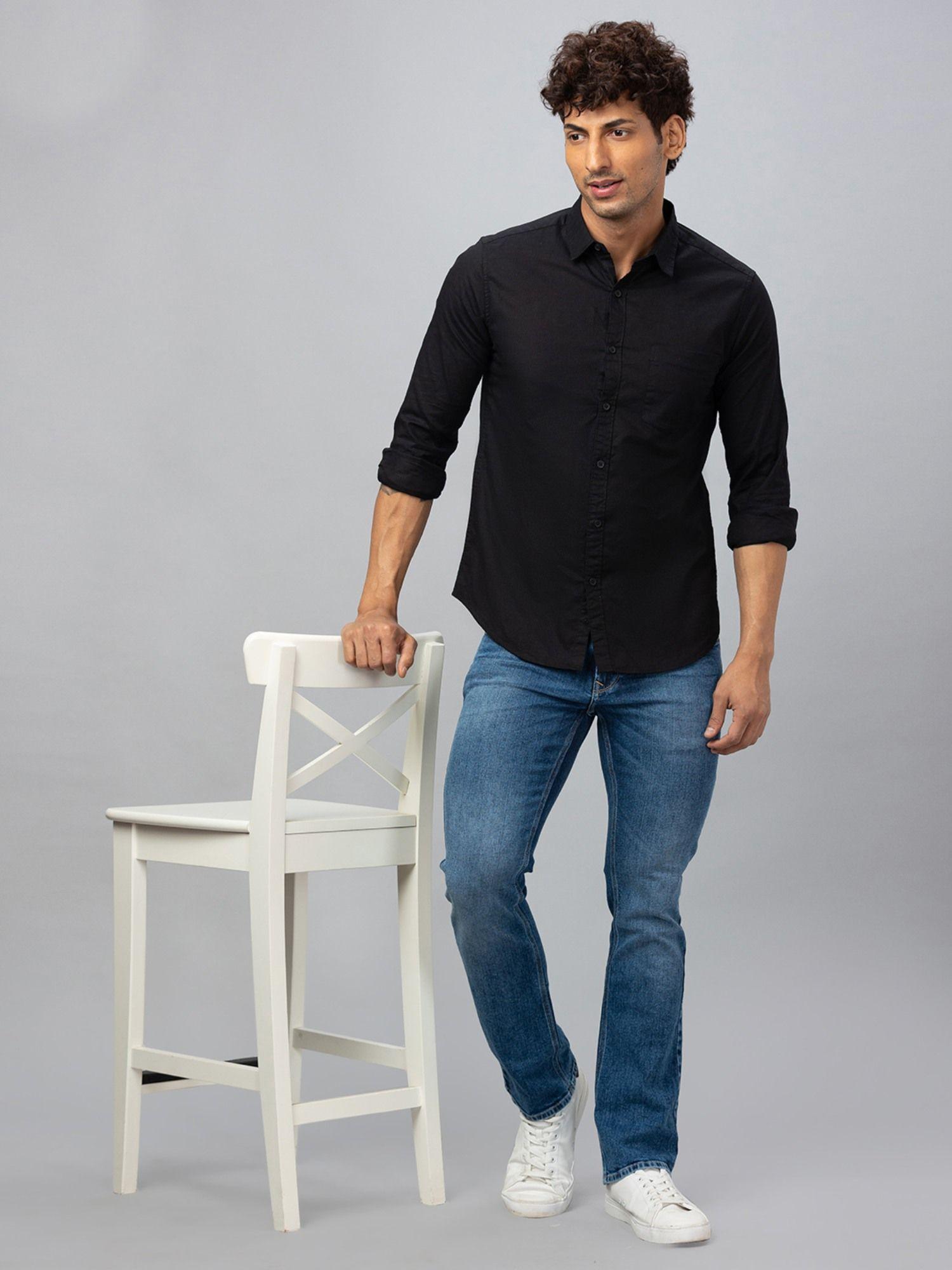 men black solid cotton regular fit casual shirt