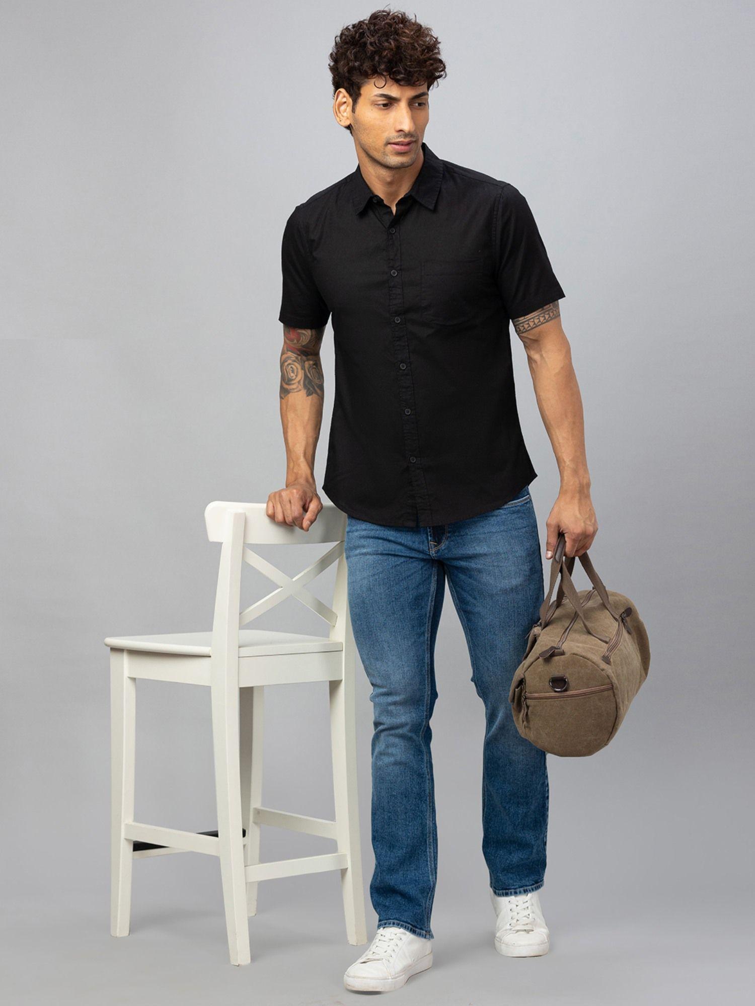 men black solid cotton regular fit casual shirt