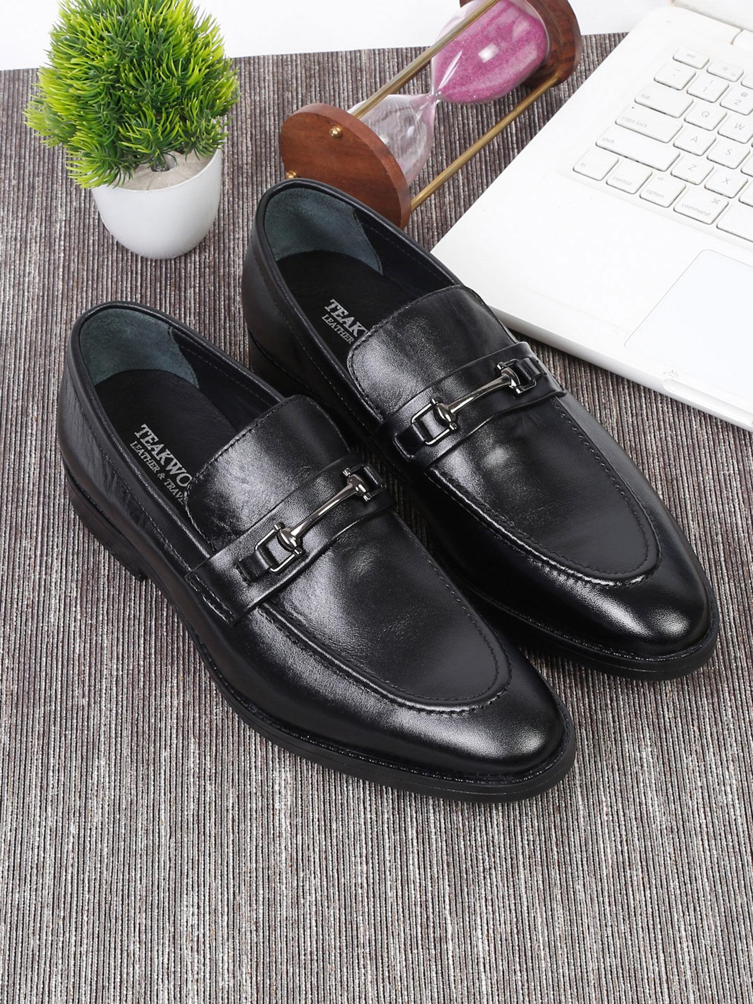 men black solid leather formal slip-on shoes
