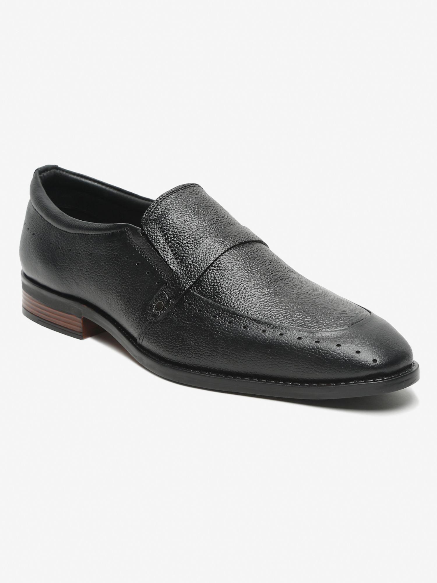 men black solid leather formal slip-ons