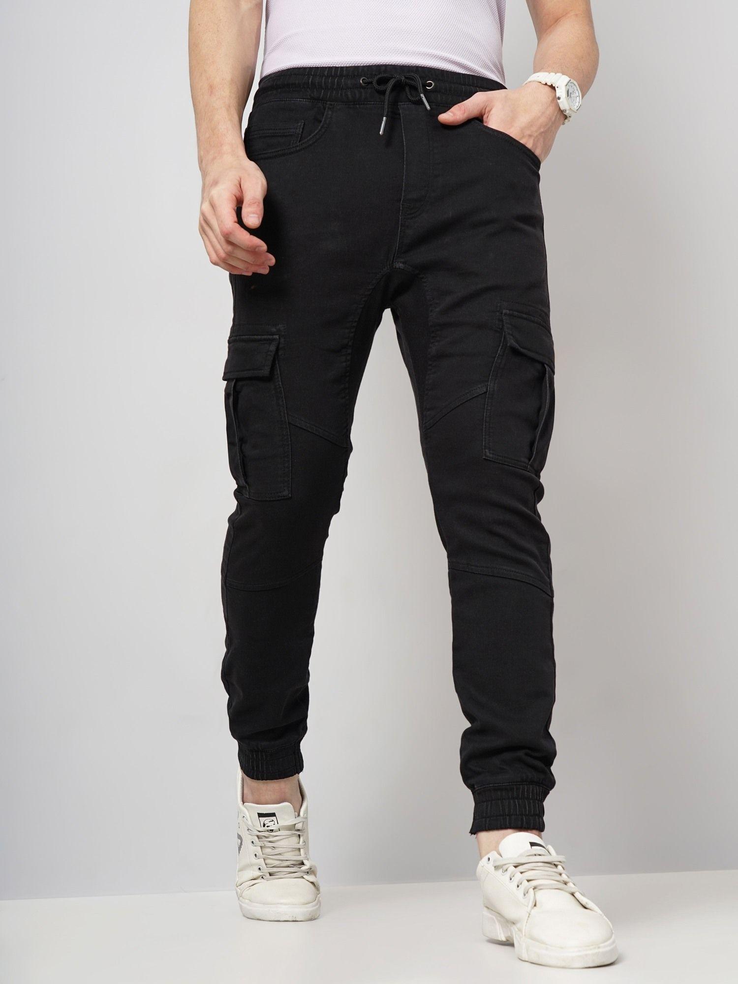 men black solid loose fit cotton cargo