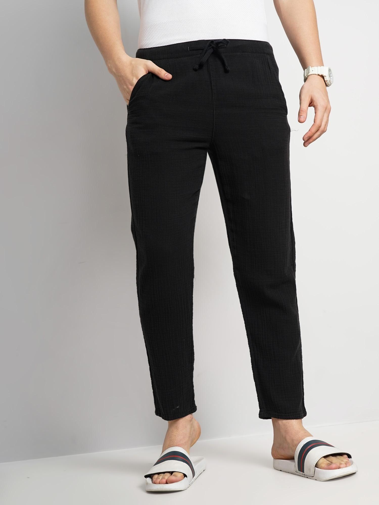 men black solid regular fit cotton fashion trousers