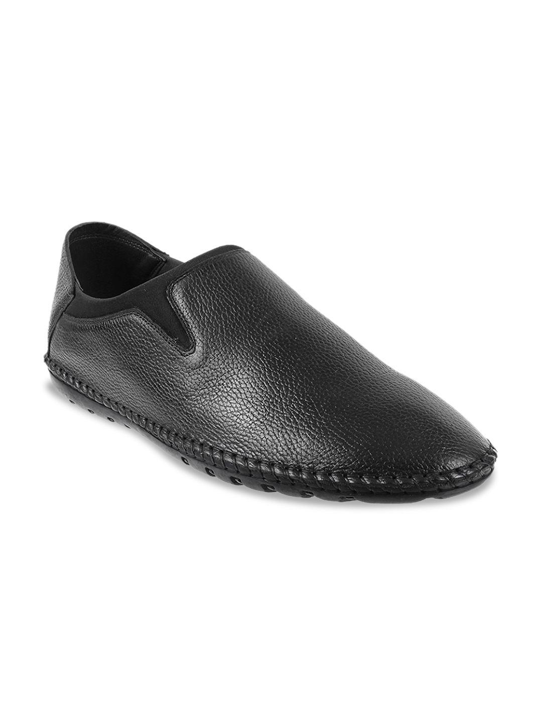 men black solid semi-formal leather slip-on shoes