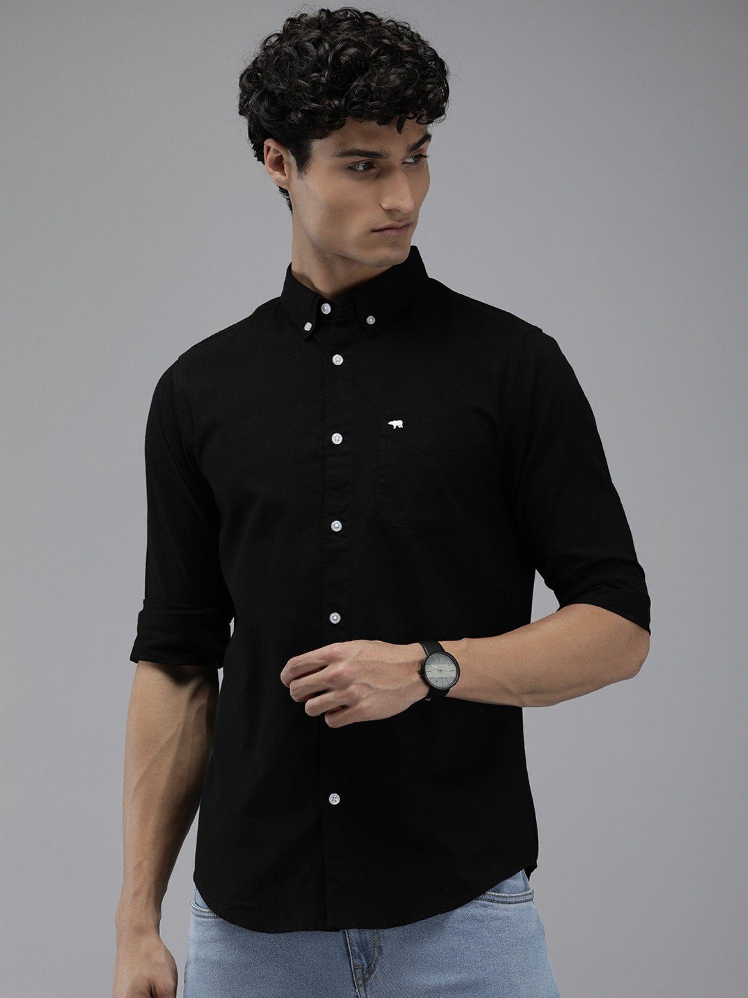 men black solid slim fit cotton casual shirt