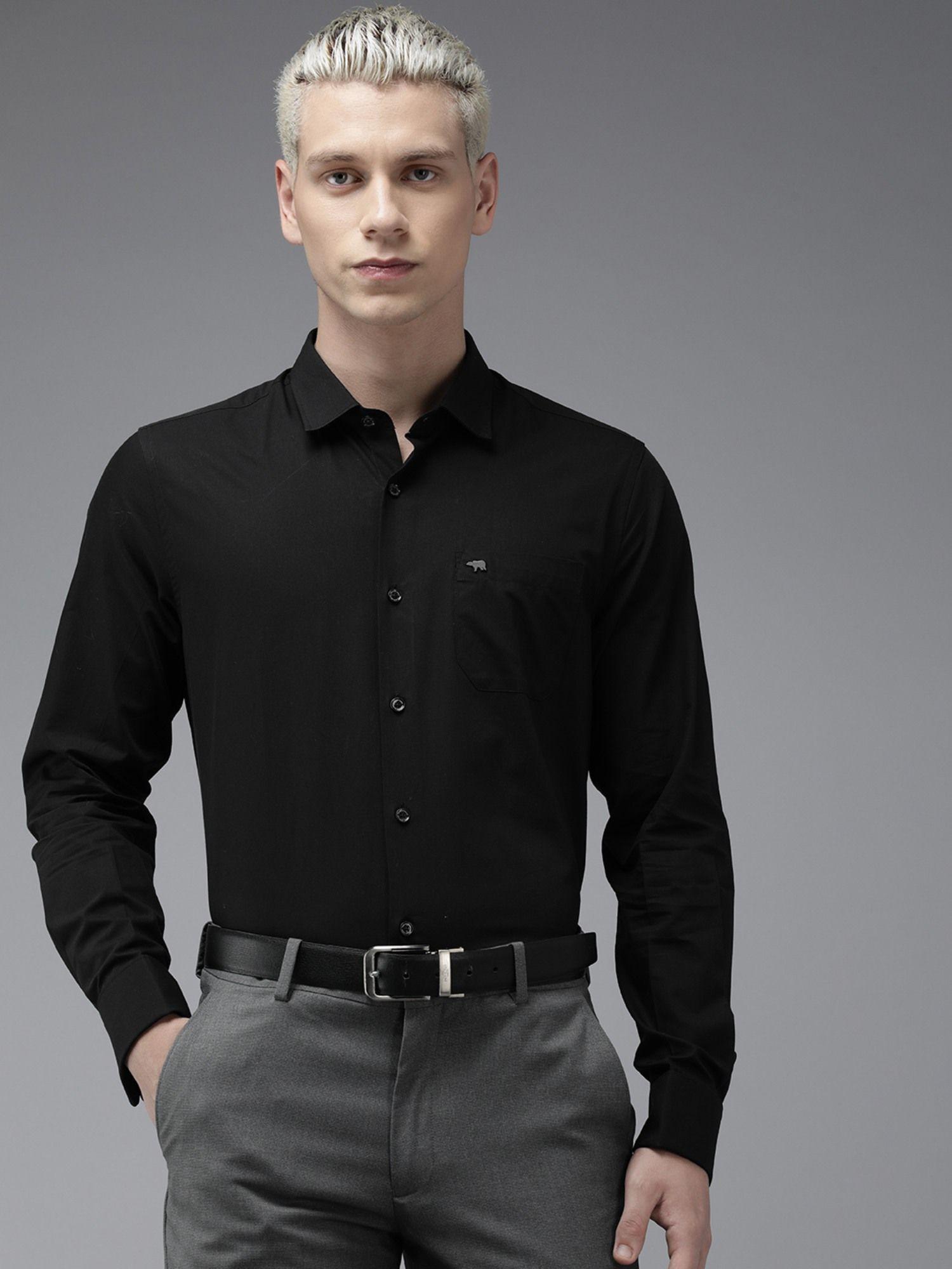 men black solid slim fit cotton formal shirt with french cuff