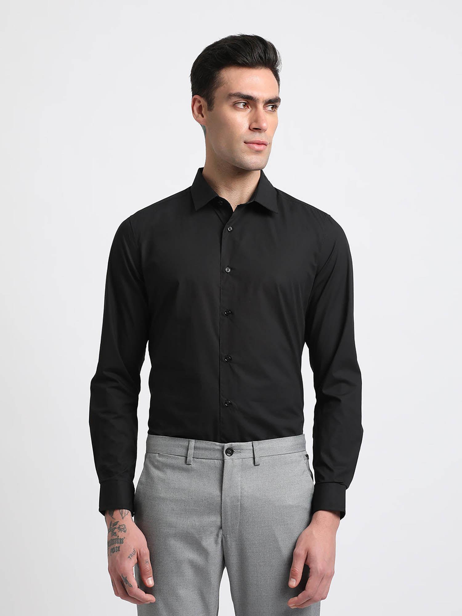 men black solid slim fit cotton formal shirt