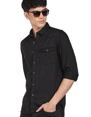 men black solid spread collar cotton casual shirt