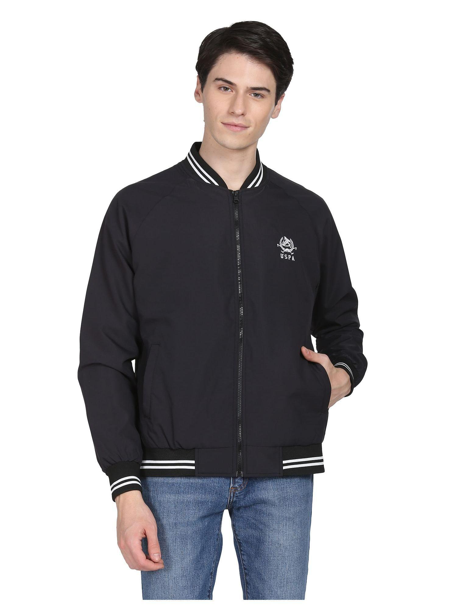 men black solid striped collar polyester bomber jacket