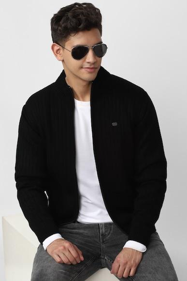 men black solid stylized neck sweater