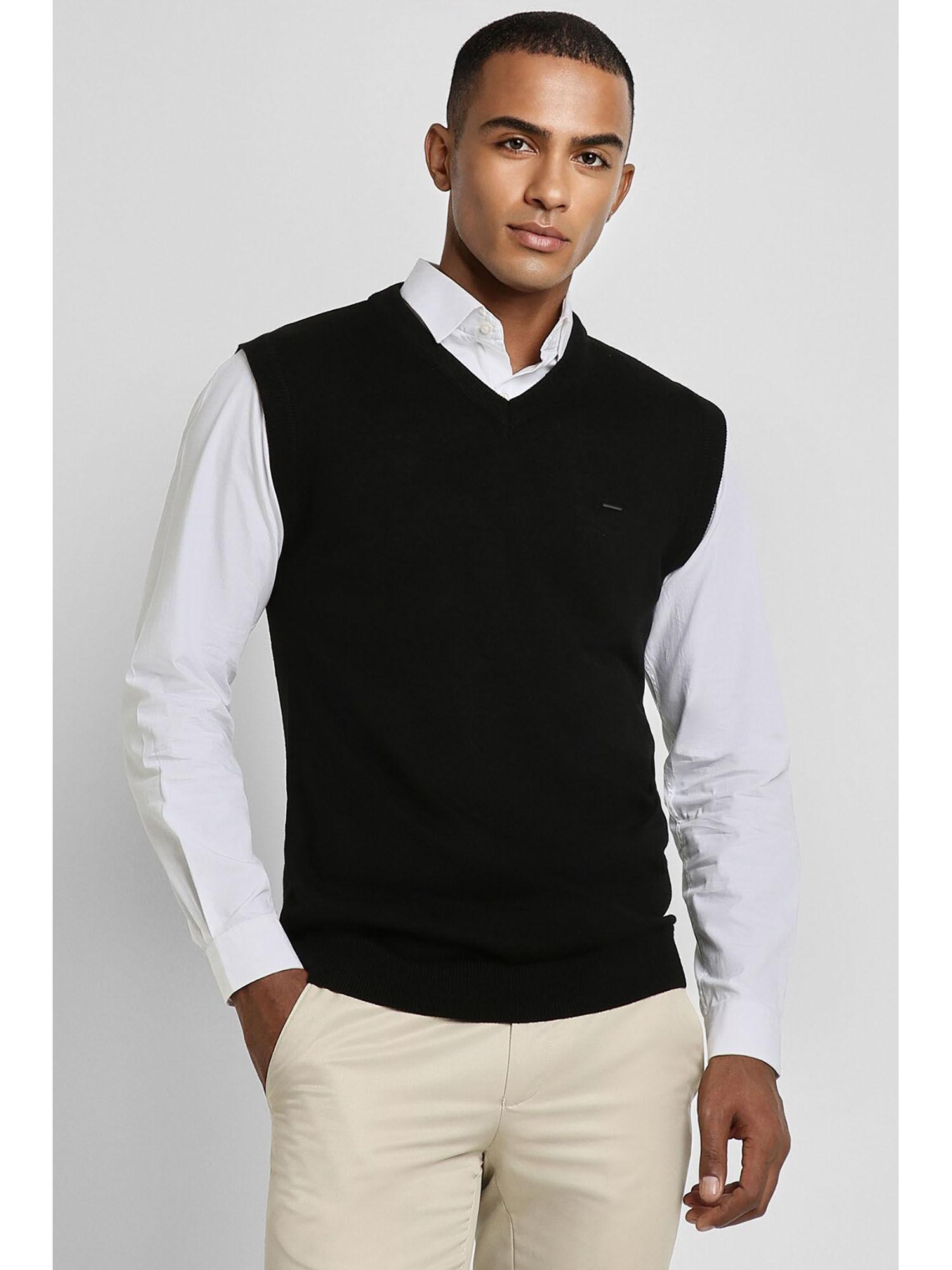 men black solid v neck sweater