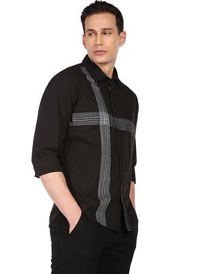 men black spread collar horizontal weave casual shirt