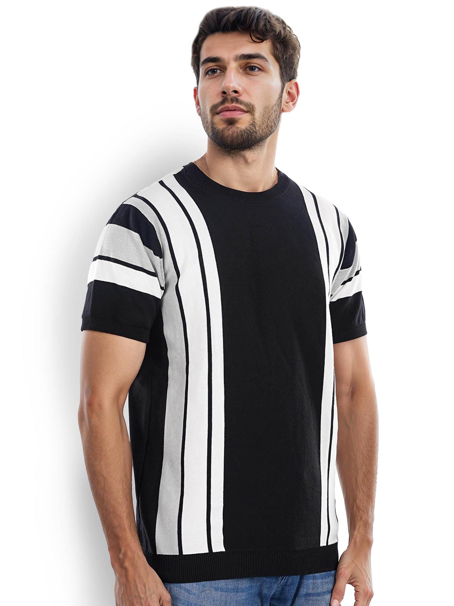 men black striped regular fit cotton flat knit t-shirts