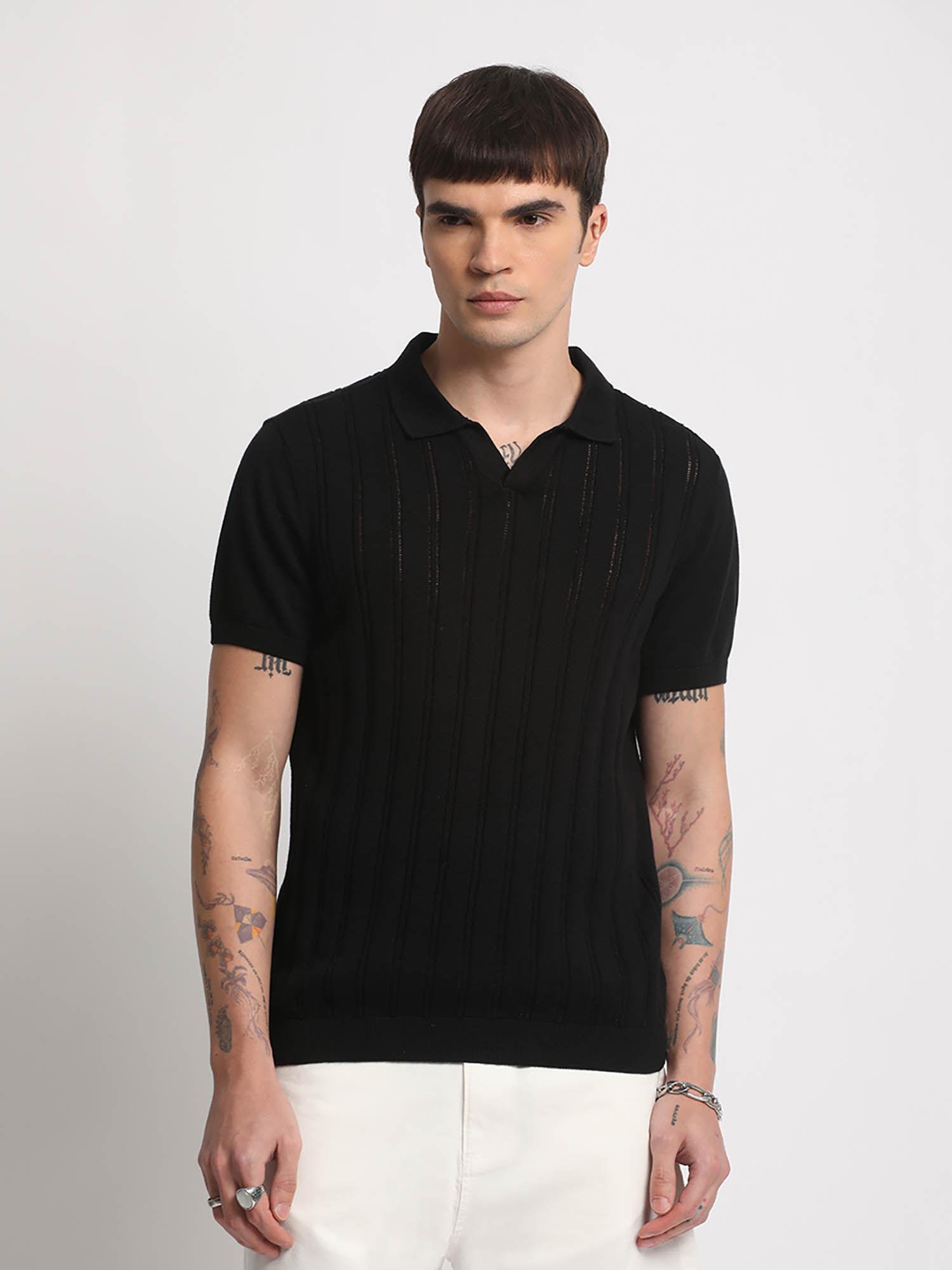 men black striped regular fit polo t-shirt