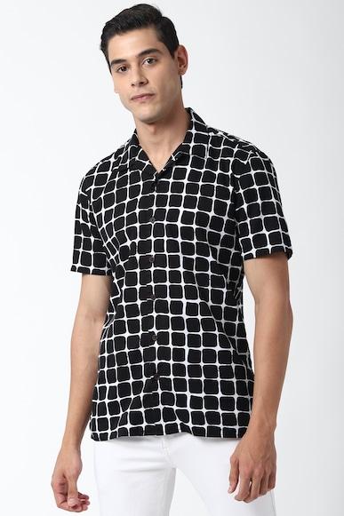men black super slim fit print half sleeves casual shirt