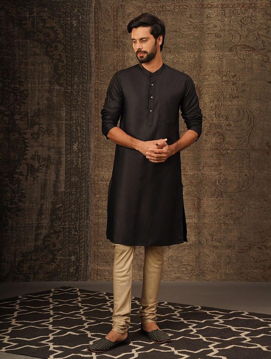 men black viscose solid mandarin collar regular fit kurta