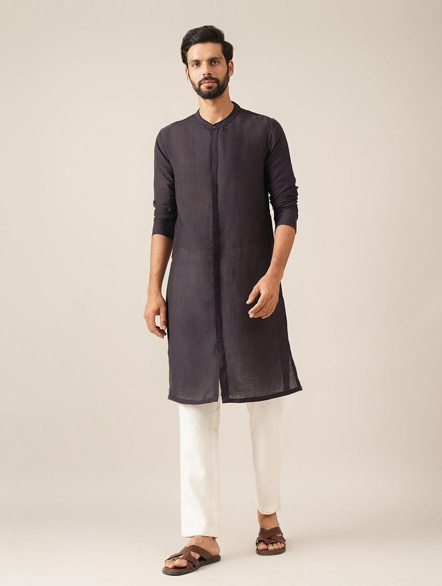 men black viscose solid mandarin collar regular fit kurta