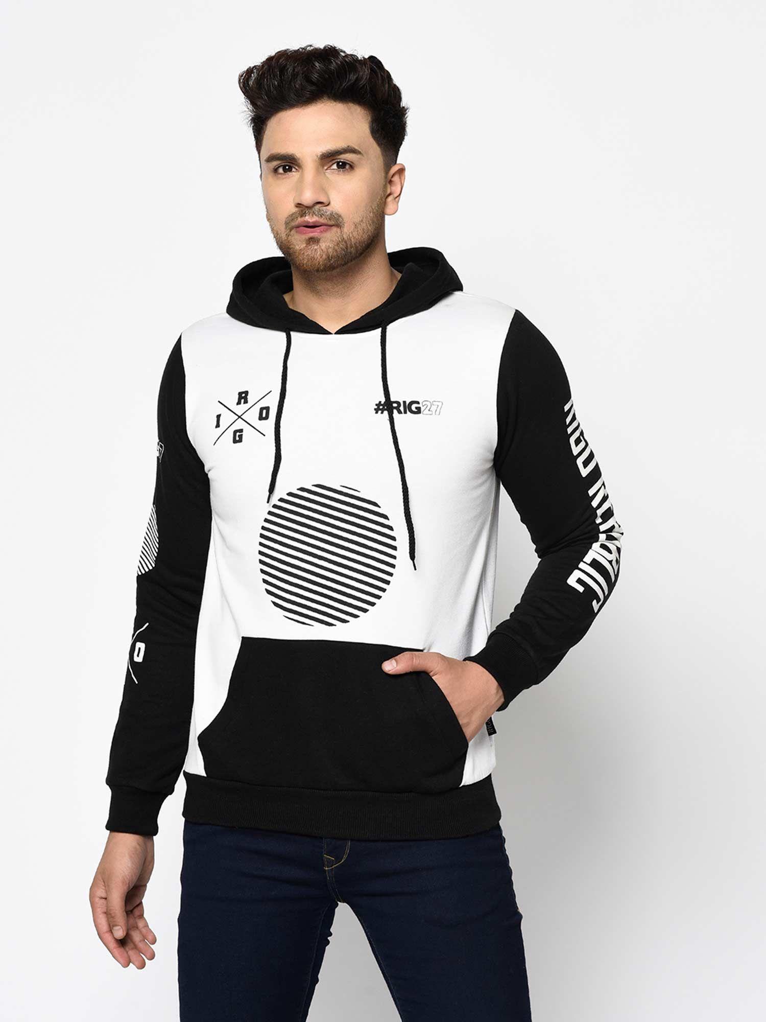 men black white printed hooded fleece full sleeve sweatshirt