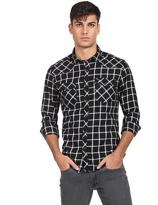 men black windowpane check pure cotton casual shirt