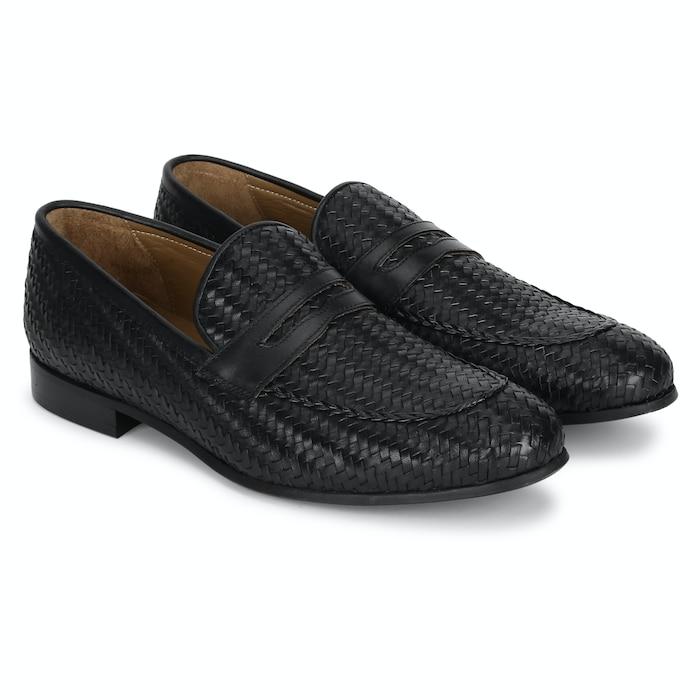 men black woven penny loafers