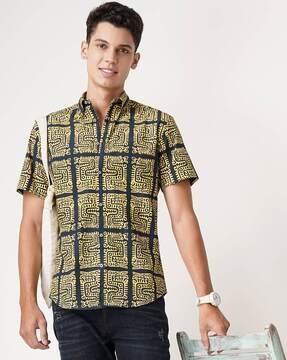 men block print regular fit cotton shirt