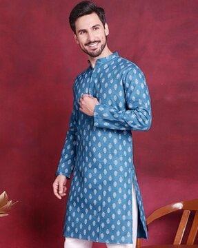 men block print regular fit long kurta