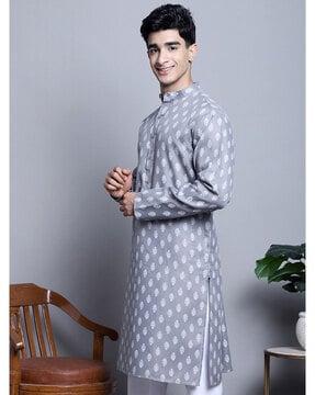 men block print regular fit long kurta