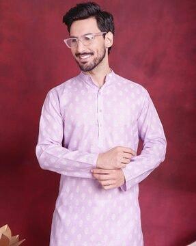 men block print regular fit long kurta