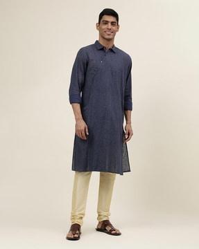 men block print slim fit long kurta