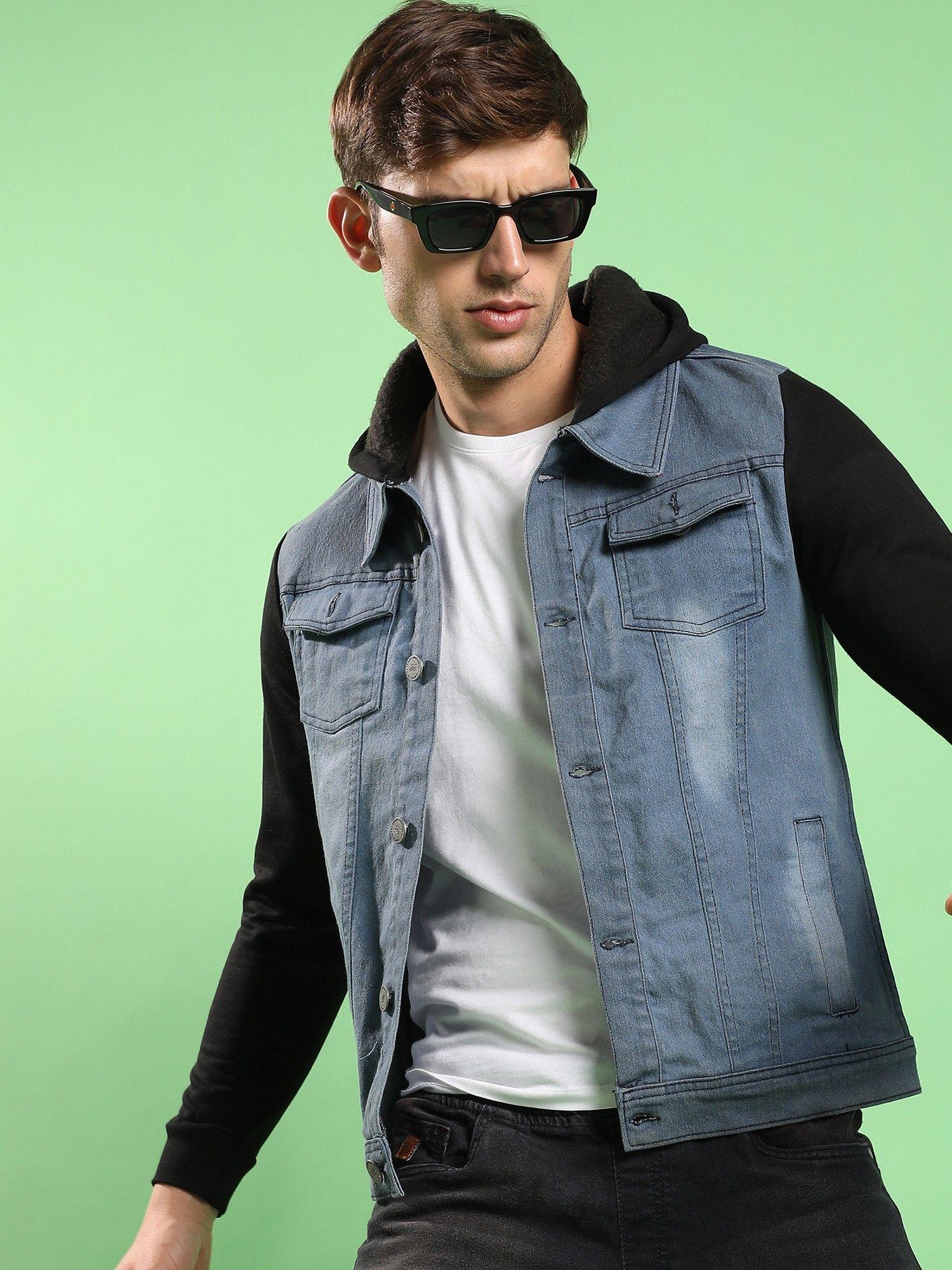 men blue & black light-wash denim jacket with sweatshirt sleeve