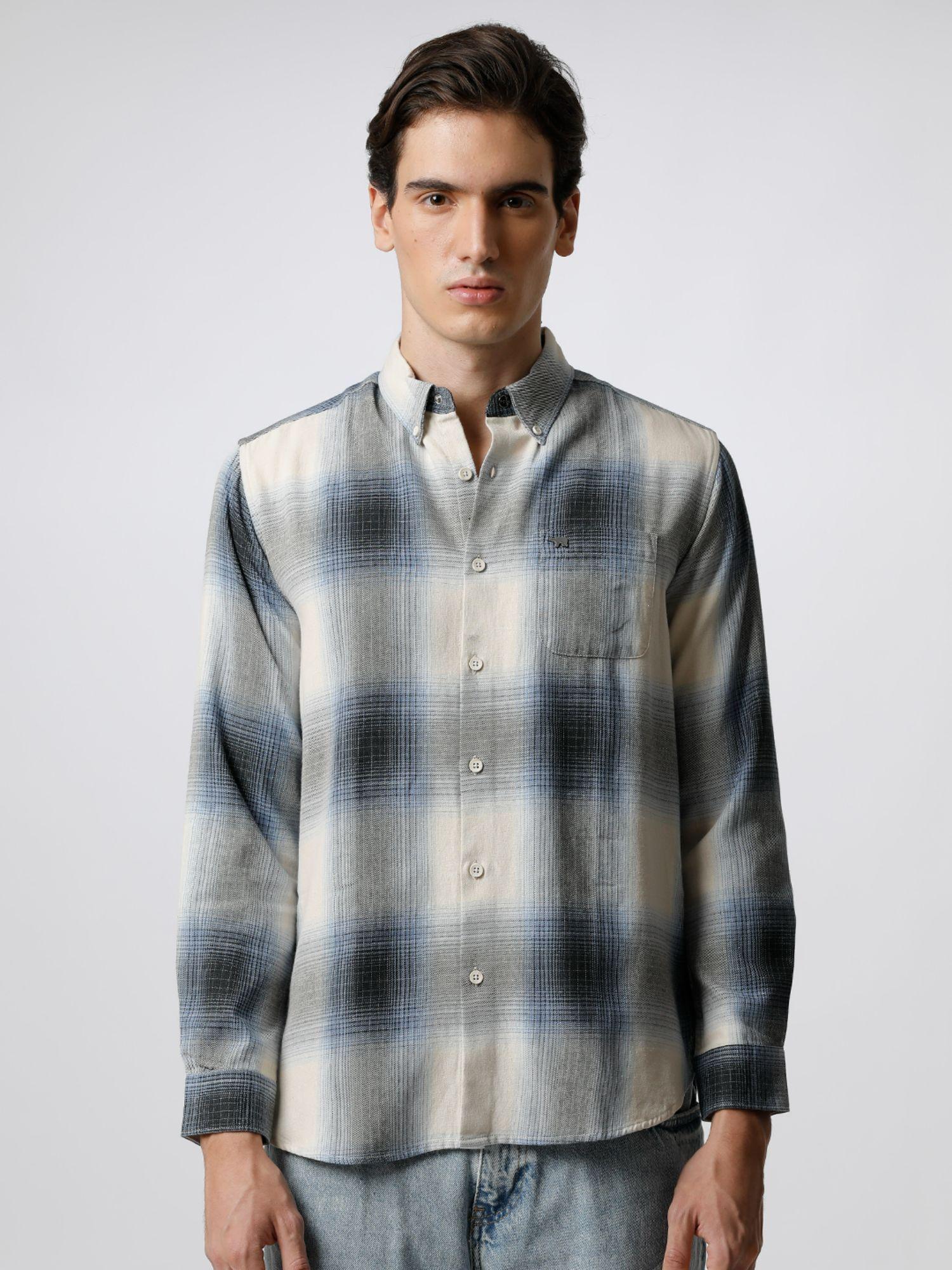 men blue & grey checked slim fit cotton casual shirt