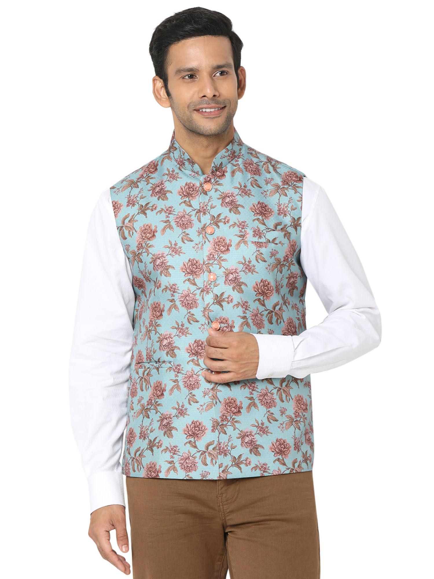 men blue & pink art silk digital printed sleeveless nehru jacket