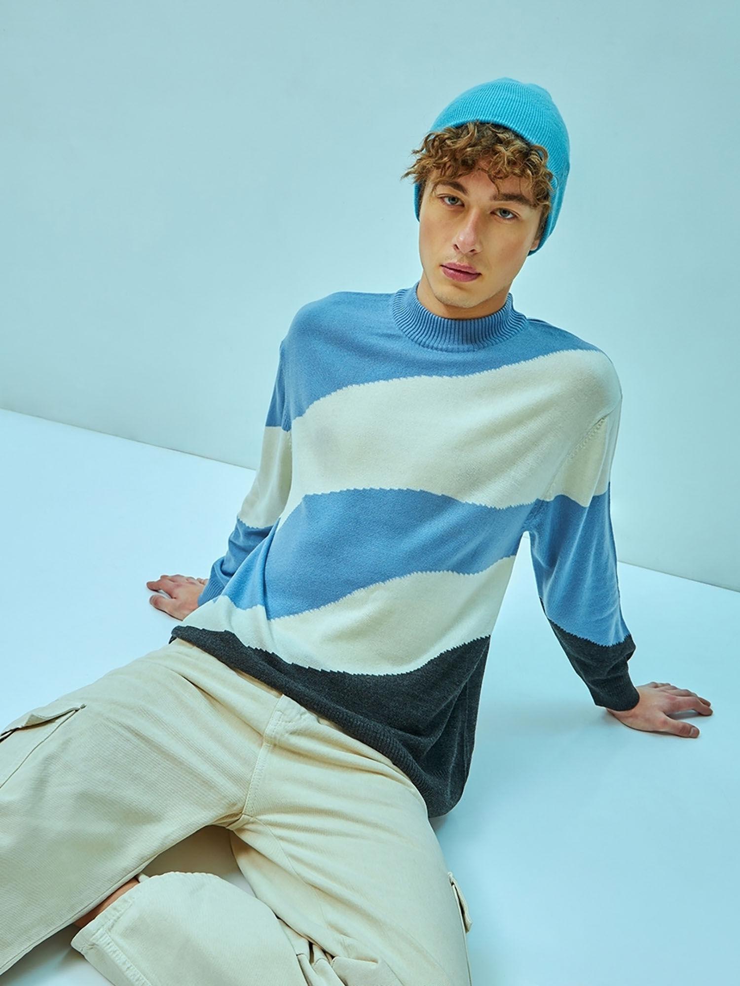 men blue & white color block oversized flat knit sweater