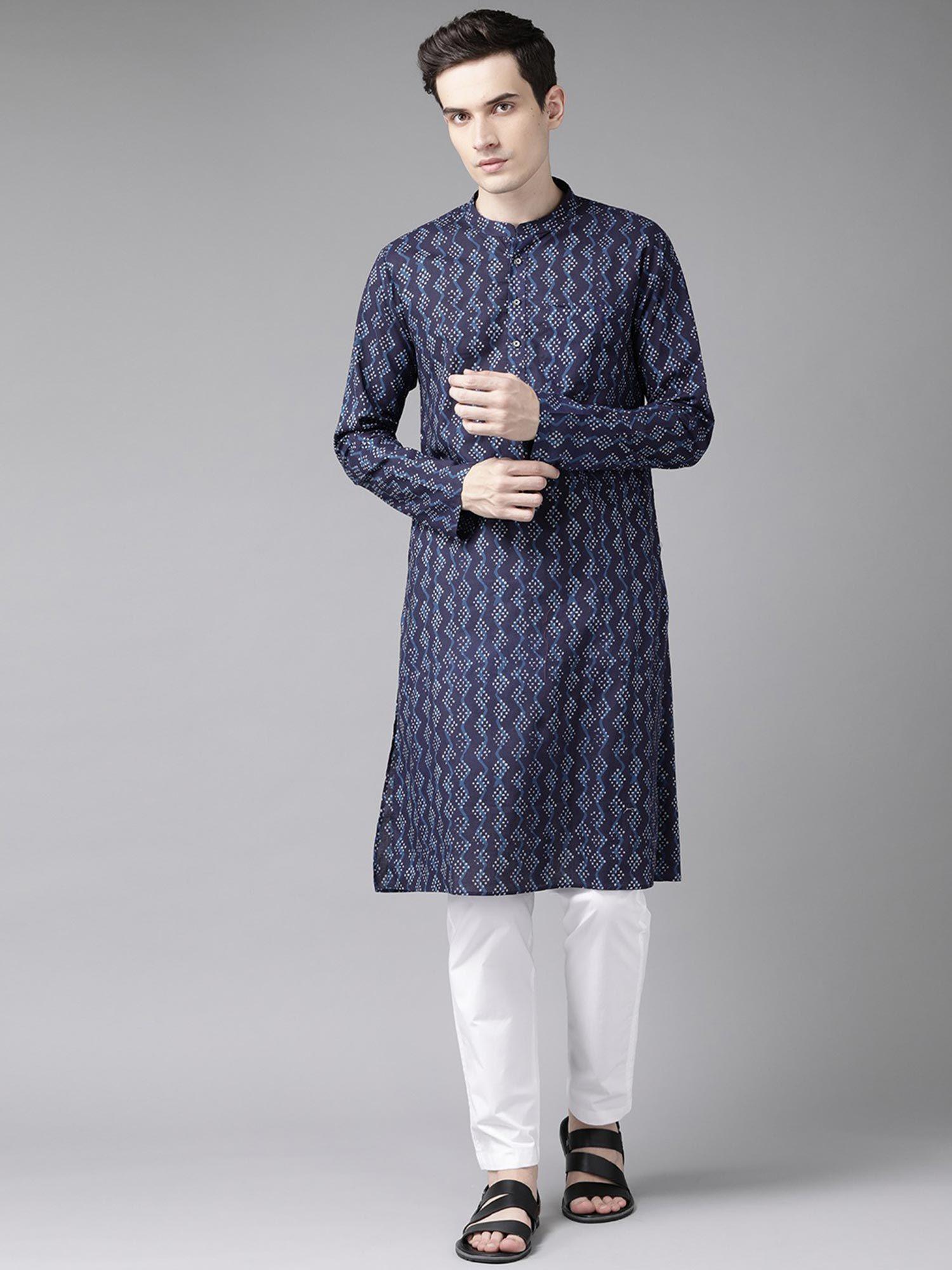 men blue & white printed straight kurta with pyjama (set of 2)