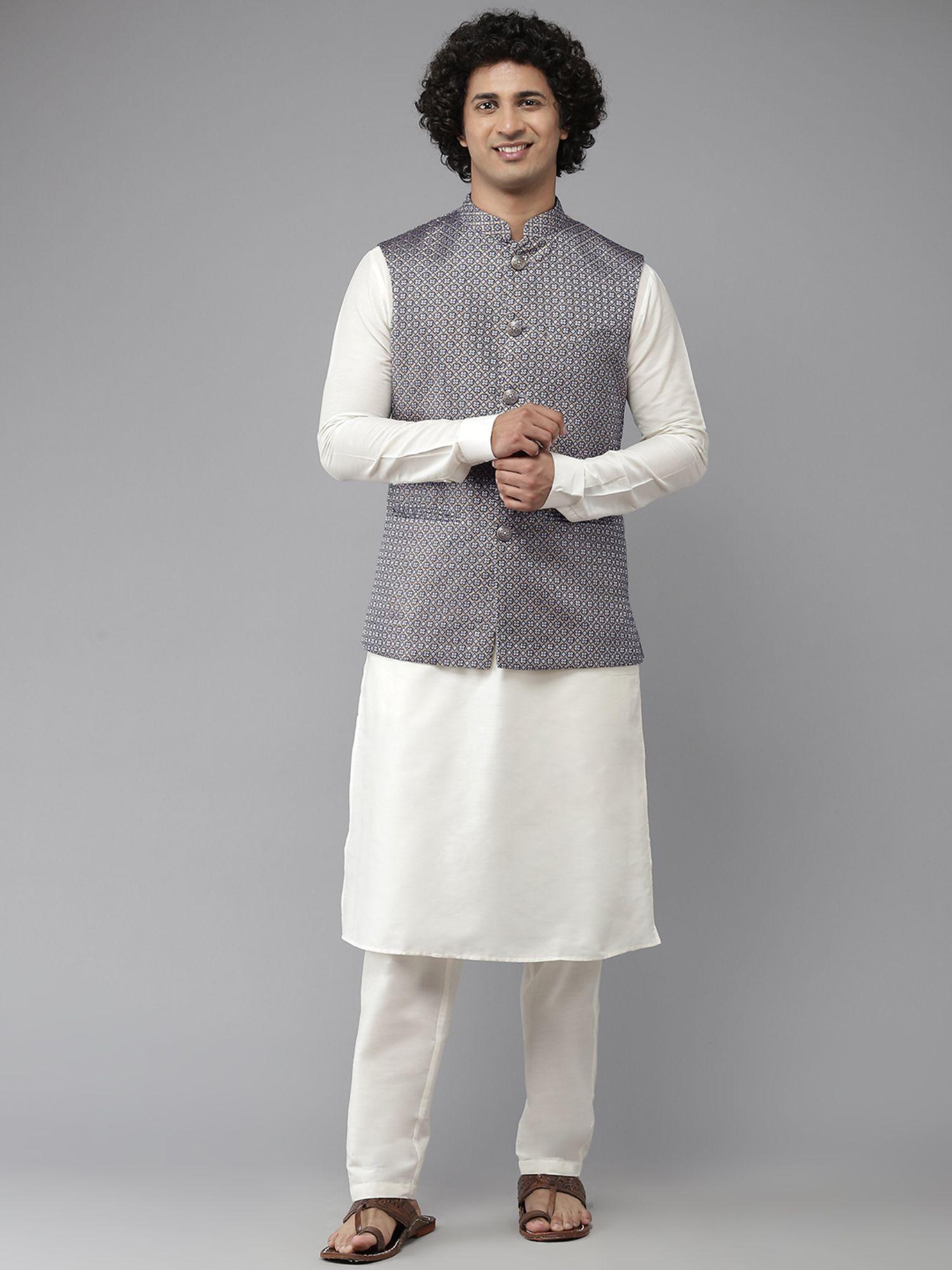 men blue & white solid kurta pyjamas with nehru jacket (set of 3)