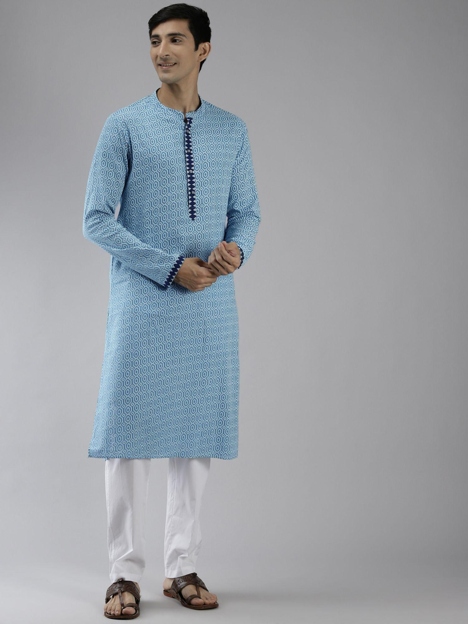 men blue & white woven design straight kurta with pyjama (set of 2)