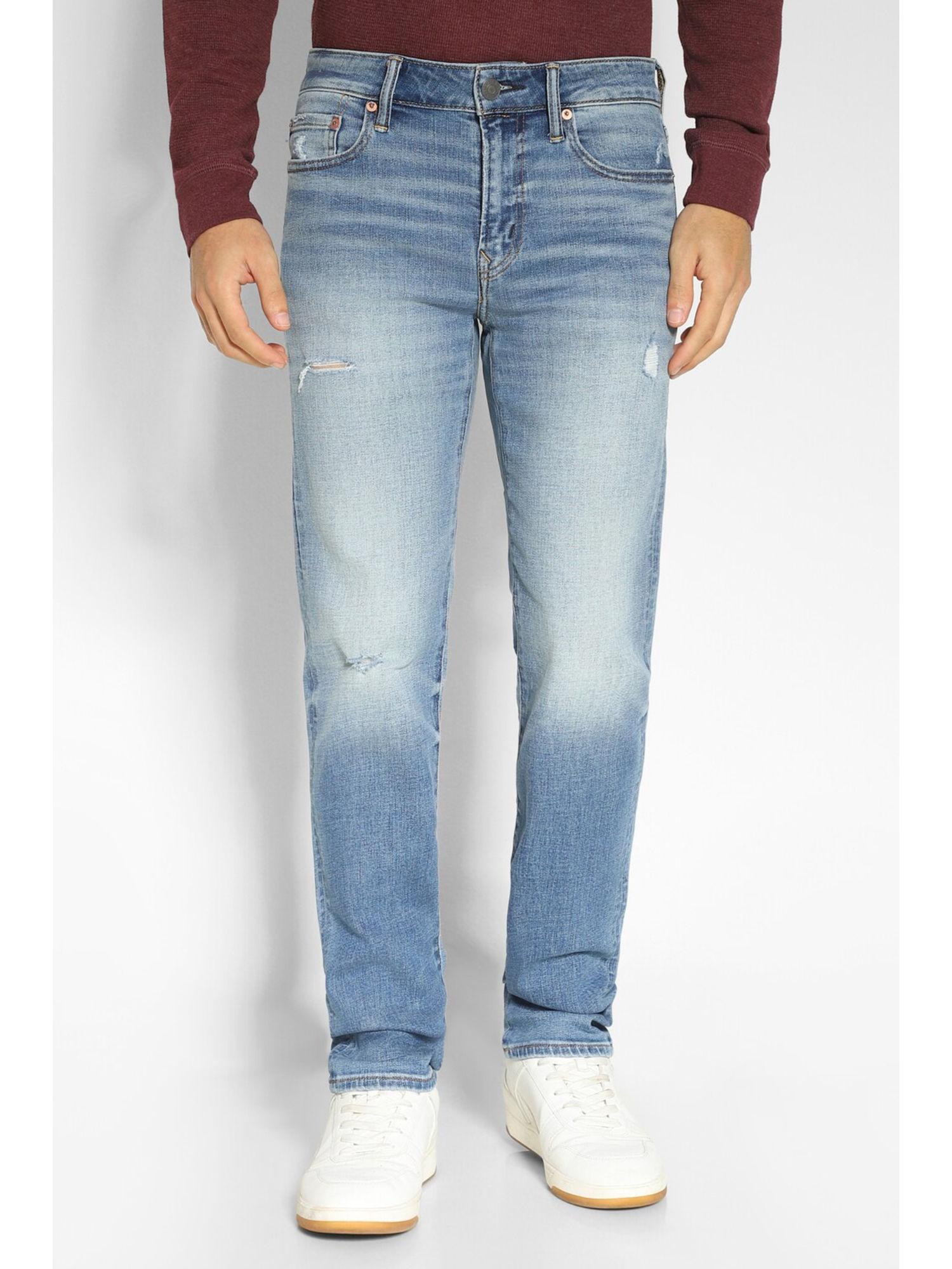 men blue air flex + distressed slim straight jeans