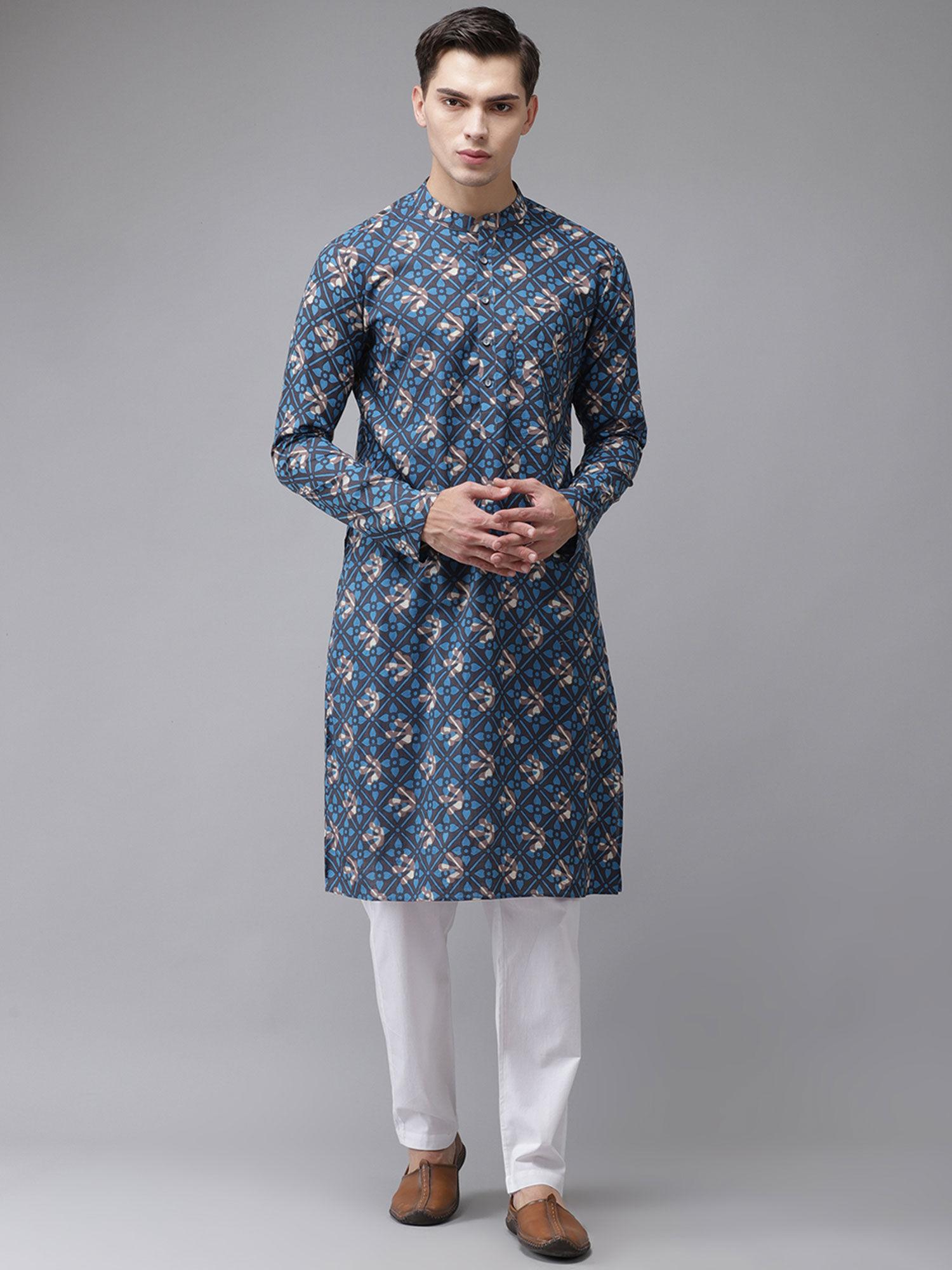 men blue and beige printed straight kurta with pyjama (set of 2)