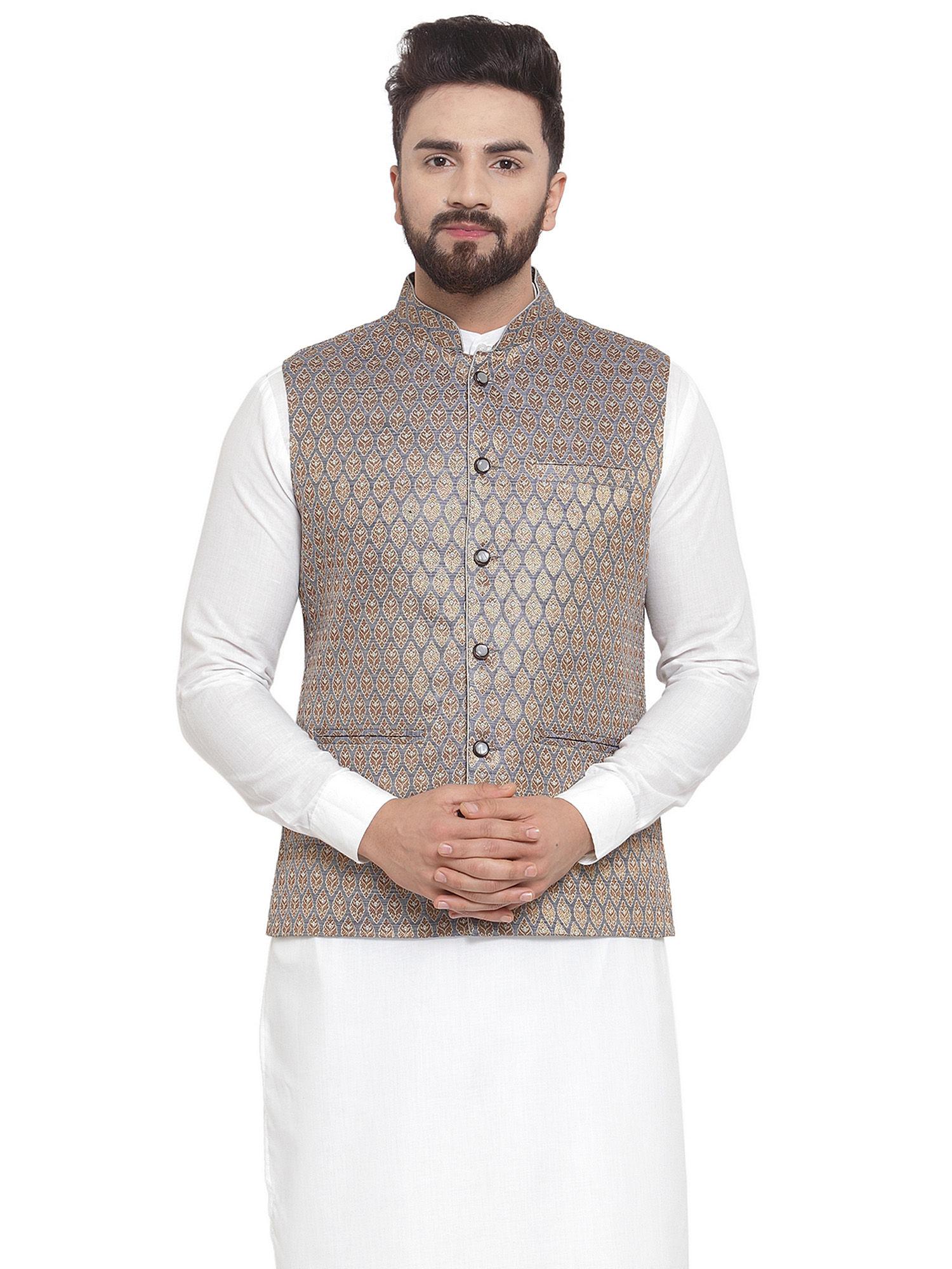 men blue and golden brocade nehru jacket