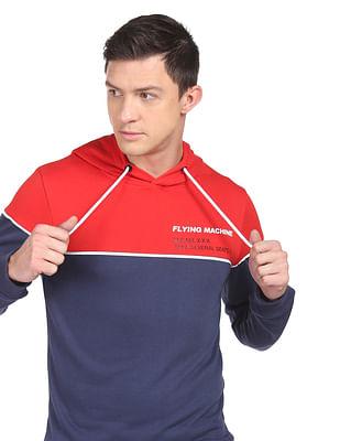 men blue and red hooded panelled colour block sweatshirt